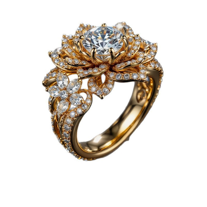 Luxurious Diamond-Encrusted Lotus Ring, Ornate 14K Gold‑Tone Halo Statement Cocktail Ring