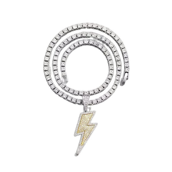 Two-tone Full Diamond Lightning Pendant Tennis Chain Necklace, Hip‑Hop Statement Jewelry