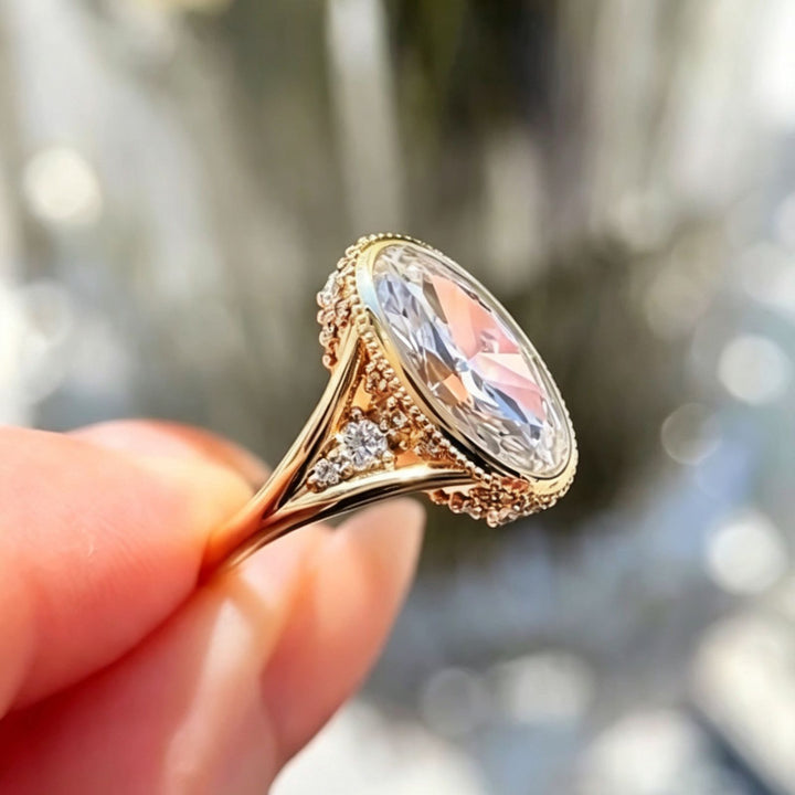 Vintage Oval Cut Open Adjustable Ring, Elegant Halo Statement Ring for Women