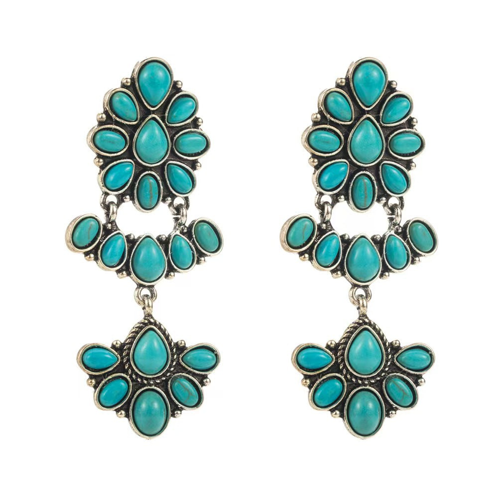 Turquoise Gemstone Earrings, High-End Women's Retro Bohemian Ethnic Style Earrings