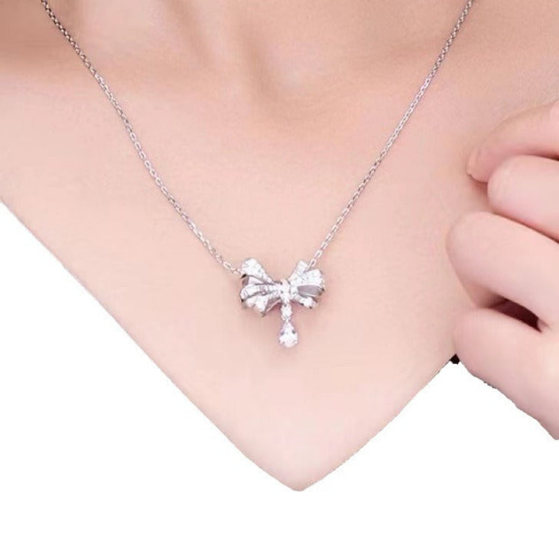 Bow Diamond Pendant Necklace, Elegant Sparkling Charm Necklace, Romantic Gift for Women