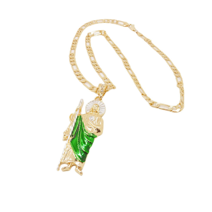 Plated Saint Jude Green Enamel Pendant Necklace, Religious Patron Saint Unisex Faith Statement Jewelry