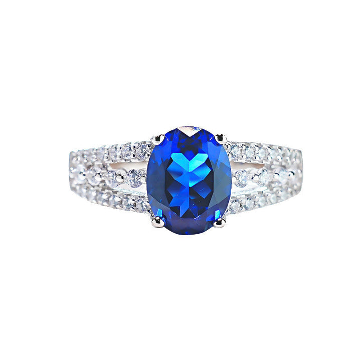 Oval Blue Sapphire Split Shank Halo Ring, Adjustable Opening Diamonds Statement Ring For Women