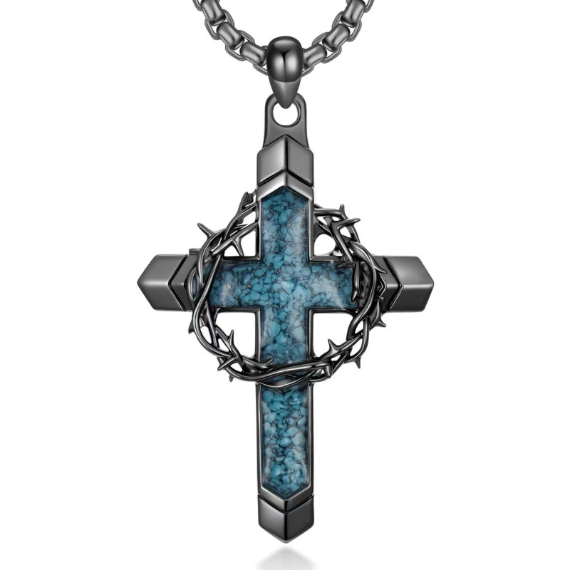 Thorn Wrapped Turquoise Gem Black Cross Pendant Necklace, Street Style Men’s Chain