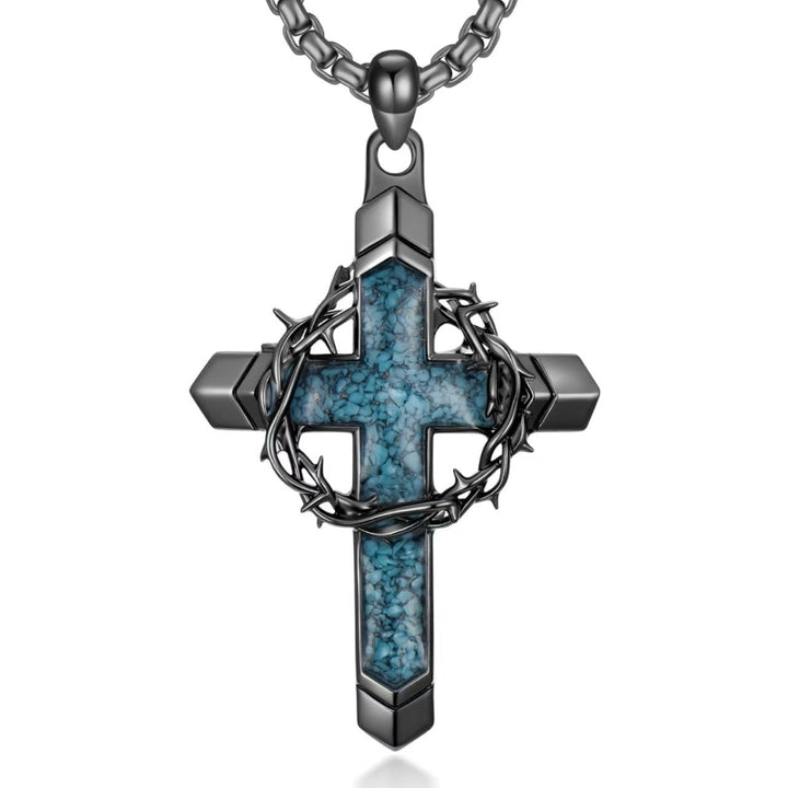Thorn Wrapped Turquoise Gem Black Cross Pendant Necklace, Street Style Men’s Chain