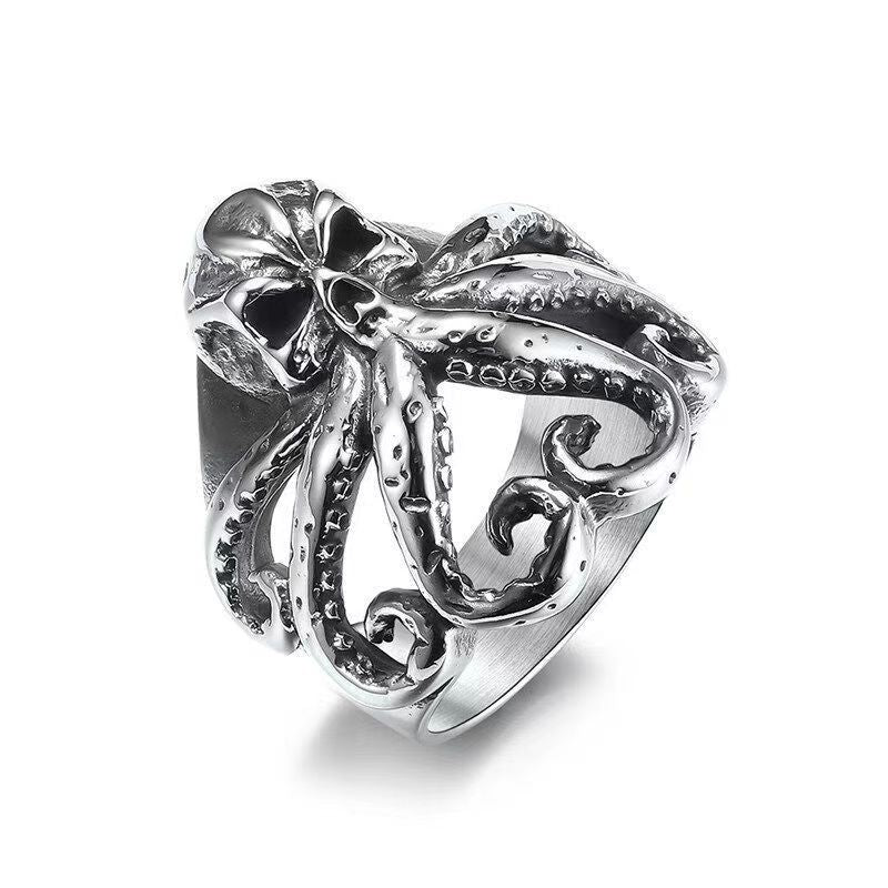 Gothic Skull Octopus Open Adjustable Statement Ring, Retro Deep‑Carved Sea‑Monster Punk Men’s Ring