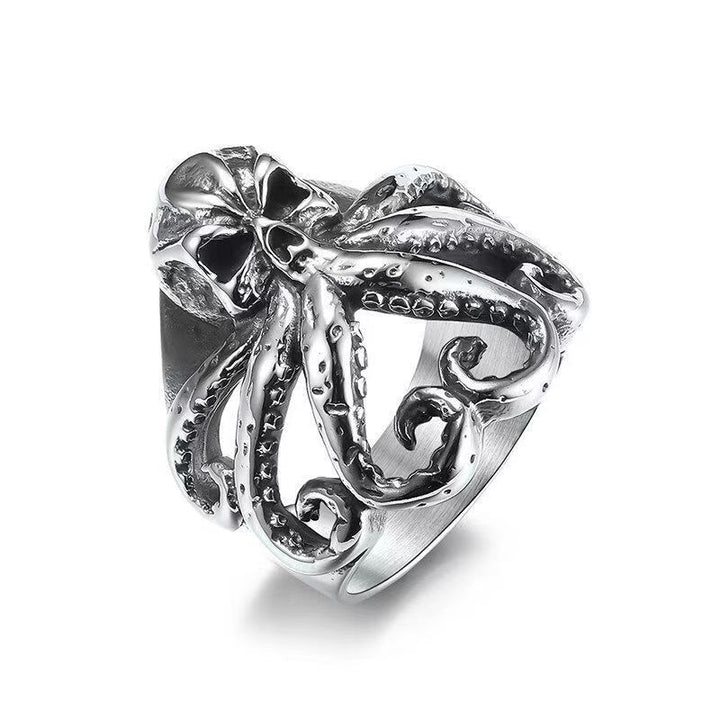 Gothic Skull Octopus Open Adjustable Statement Ring, Retro Deep‑Carved Sea‑Monster Punk Men’s Ring