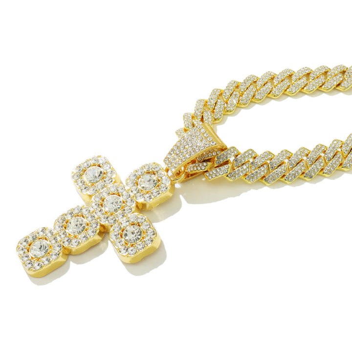 Halo Square Cluster Diamond Cross Pendant Cuban Link Necklace, Hip Hop Faith Religious Statement Jewelry