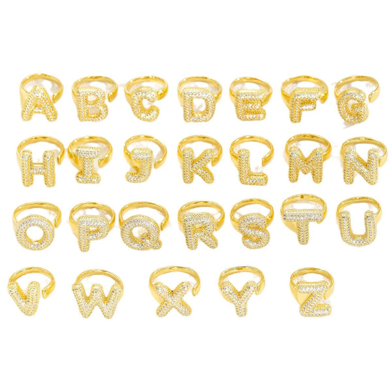 Adjustable Open Iced‑Out Initial Letter Diamond Ring, 26‑Alphabet Statement Unique Style Ring