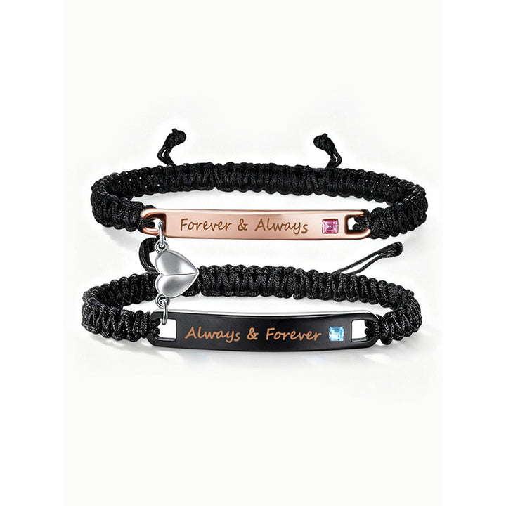 Couple Matching Bracelet Set, Magnetic Heart Charm Braided Wristband with Engraved Words