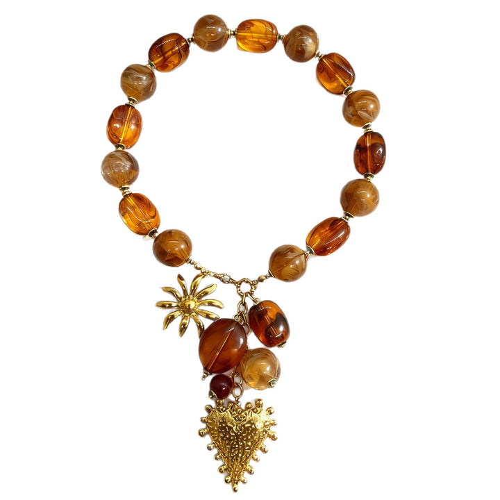 Vintage Swirl Amber Bead Heart Sunflower Charm Necklace, Retro 18K Gold Statement Collar