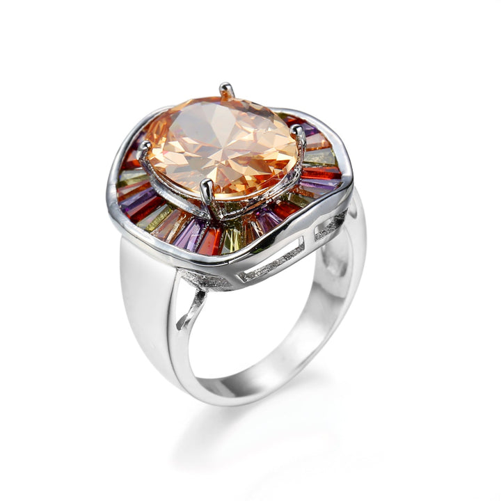 Oval Champagne Diamond Rainbow Baguette Halo Ring, Wide Silver Bold Cocktail Statement Band