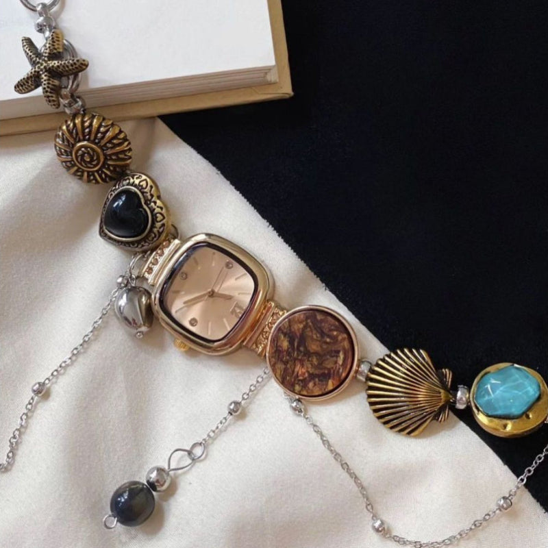 Vintage Mixed Charm Choker Necklace, Seashell Starfish Tassel Dainty Collar Y2K Boho Jewelry