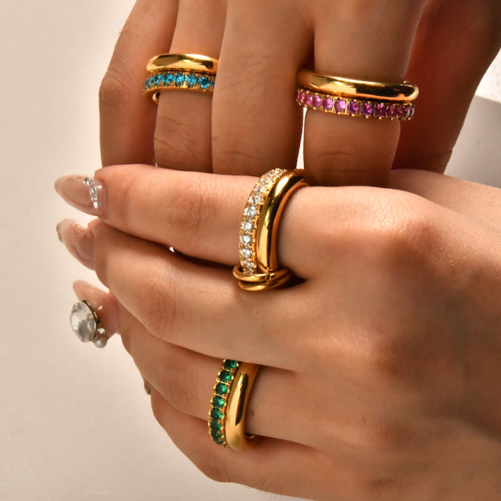 Interlocked Double Band Colorful Gem Ring, Waterproof Stackable Linked Ring For Women & Men