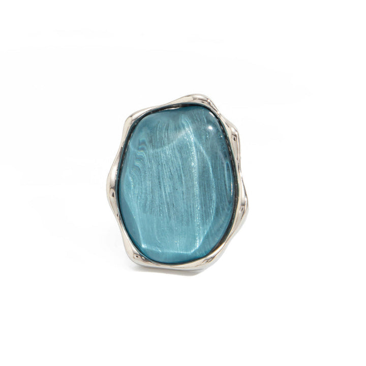 Irregular Wavy Frame Brushed Stone Statement Ring, Minimalist Chunky Silver Cocktail Ring