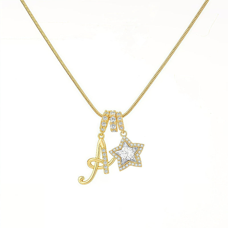 Cursive Initial Letter Diamond Star Pendant Necklace, 26‑Alphabet Snake Chain Necklace