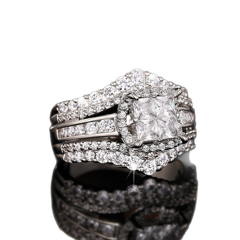 Princess Cut Double Cushion Halo 3-Row Split Pave Bridal Ring, Luxury Volumetric Wedding