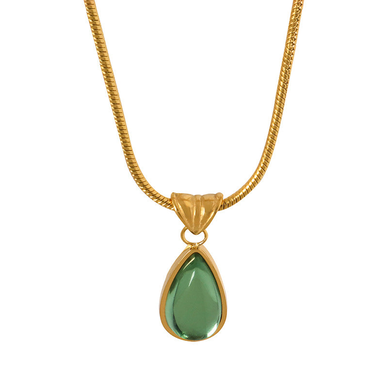 Teardrop Cabochon Gem Snake Chain Pendant Necklace, 2 Tone Calm Tone Minimal Jewelry