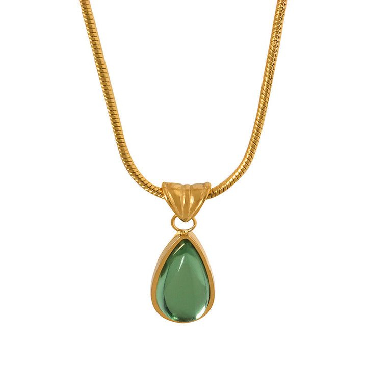 Teardrop Cabochon Gem Snake Chain Pendant Necklace, 2 Tone Calm Tone Minimal Jewelry