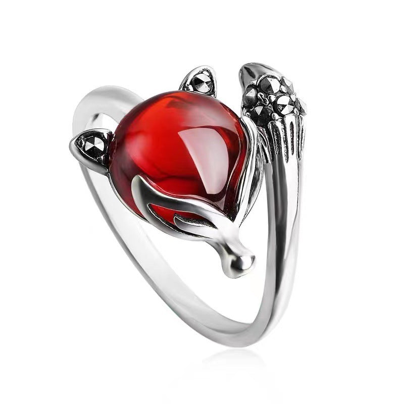 Vintage Red Gem Fox Statement Ring, Antique Silver Animal Spirit Adjustable Opening Band