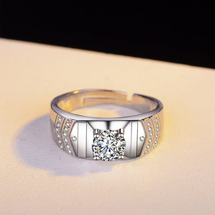 Geometric Square Center Diamond Men’s Adjustable Ring, Wide Band Statement Ring