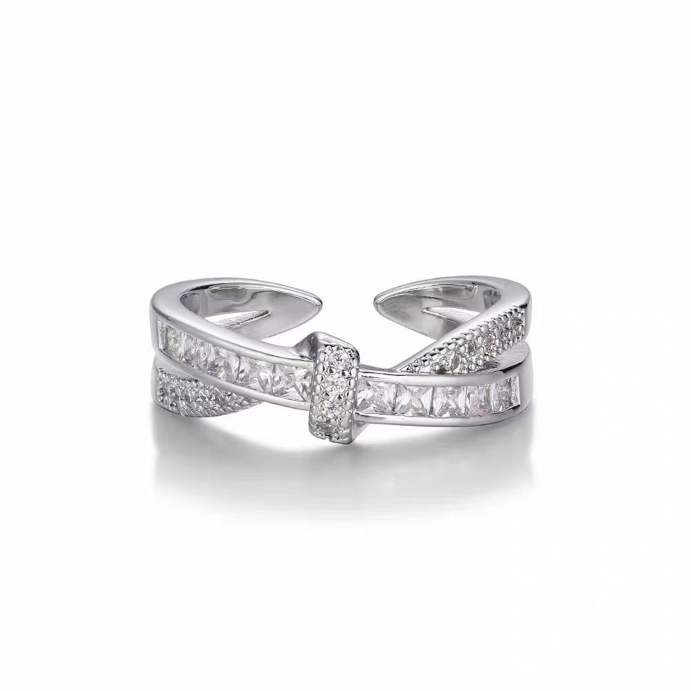 Chic Twisted Cross Open Ring, Sparkling Diamond Statement Ring for Women, Trendy Stackable Jewelry