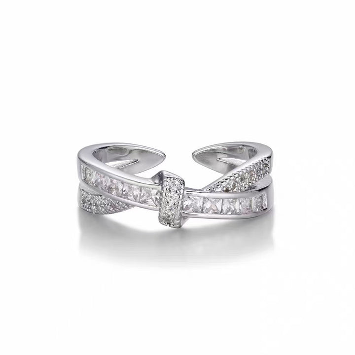 Chic Twisted Cross Open Ring, Sparkling Diamond Statement Ring for Women, Trendy Stackable Jewelry