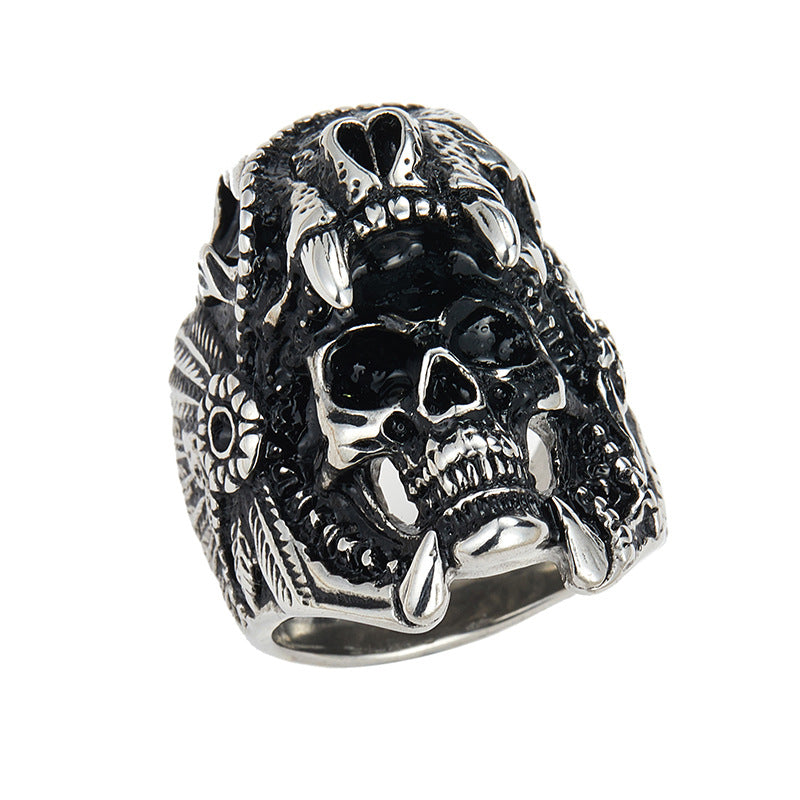 Vintage Carved Skull Totem Men’s Closed Band Ring, Distressed Punk-Style Ring