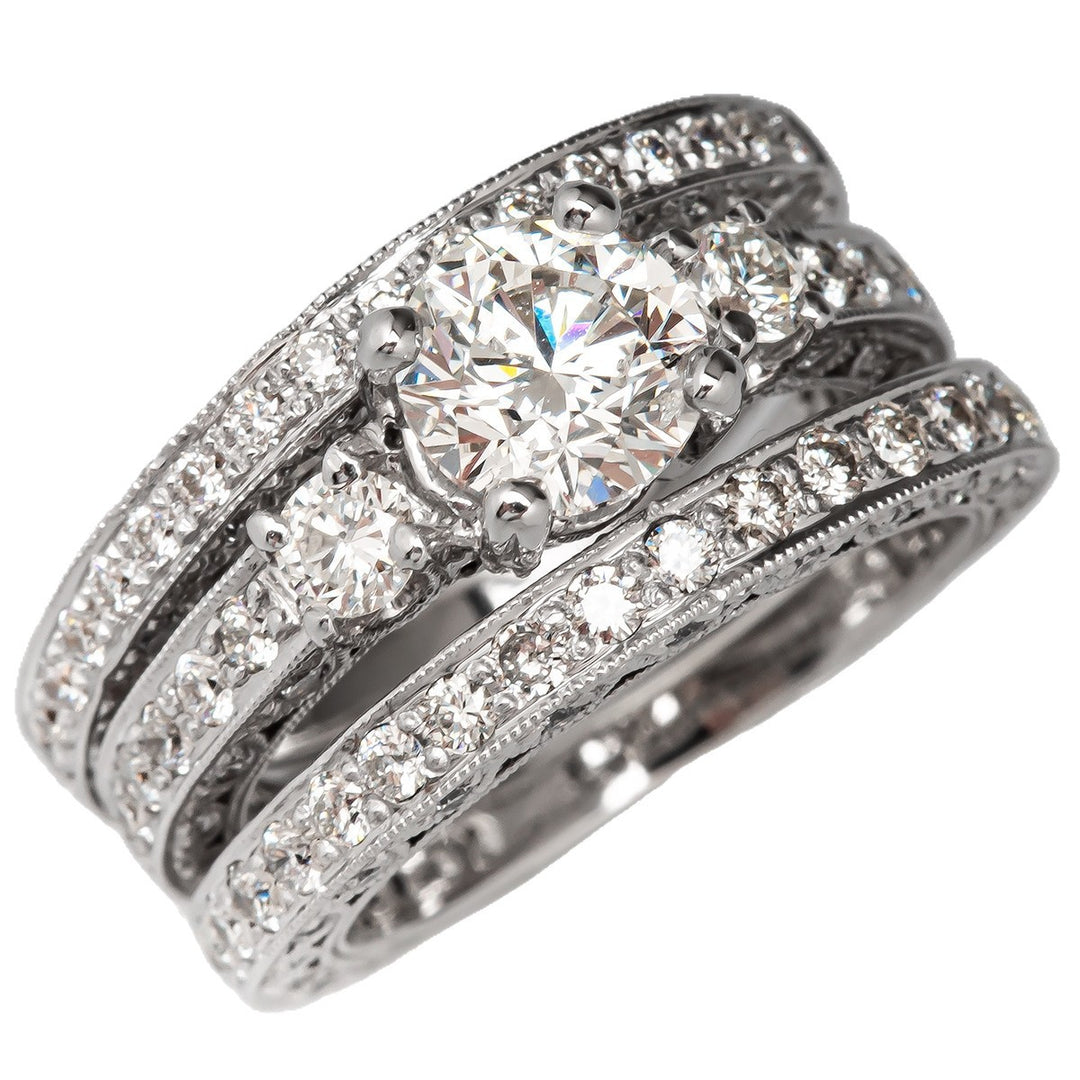 Vintage 3-Piece Stackable Ring Set, Round Brilliant Diamond Wedding Band Set