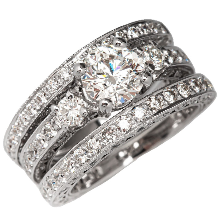 Vintage 3-Piece Stackable Ring Set, Round Brilliant Diamond Wedding Band Set