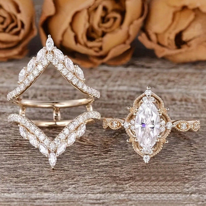 Marquise Diamond Stackable Ring Set, Vintage V-Shaped Elegant Bridal Wedding Rings for Women
