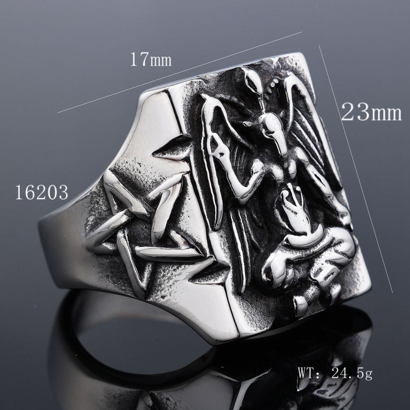 Vintage Baphomet Pentagram Signet Ring, Antique Oxidized Gothic Occult Men’s Statement Ring