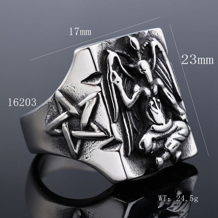 Vintage Baphomet Pentagram Signet Ring, Antique Oxidized Gothic Occult Men’s Statement Ring