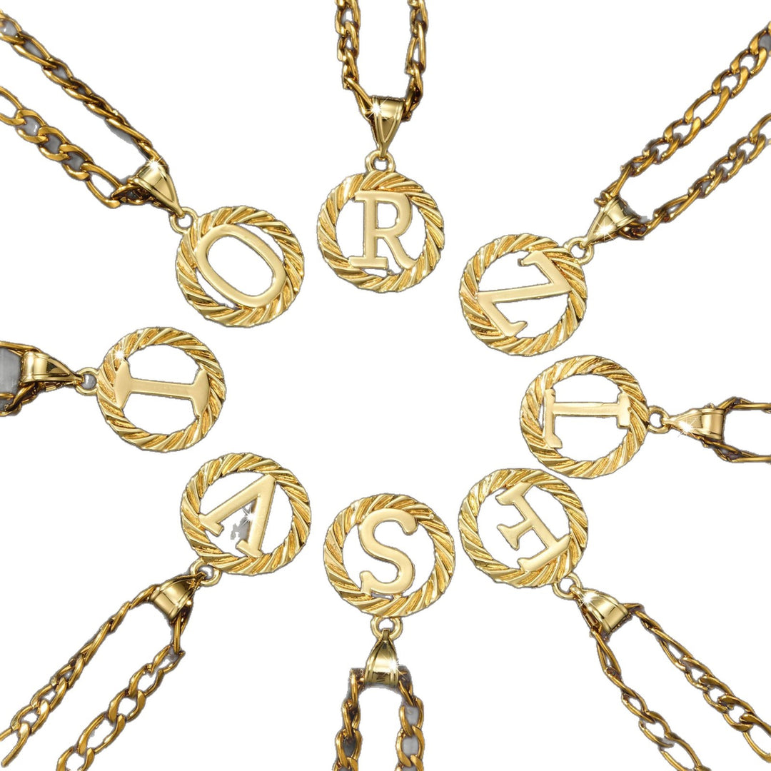 26 Initial Letter Necklace, Twisted Round Alphabet Pendant Figaro Chain for Men Women