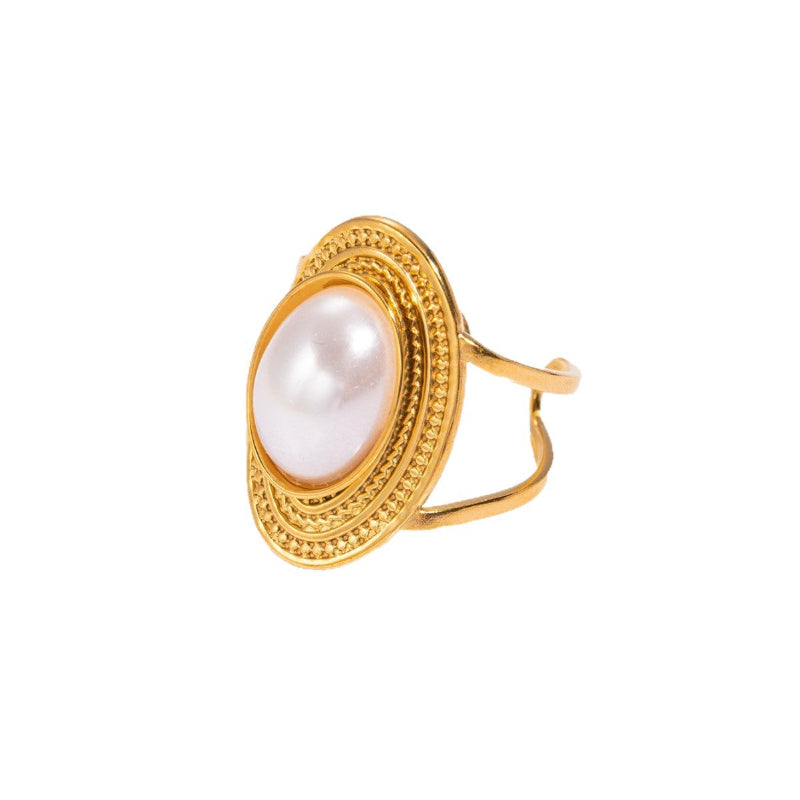 Vintage Multi-Layer Oval Pearl Open Ring, Adjustable 18K Gold Statement Ring