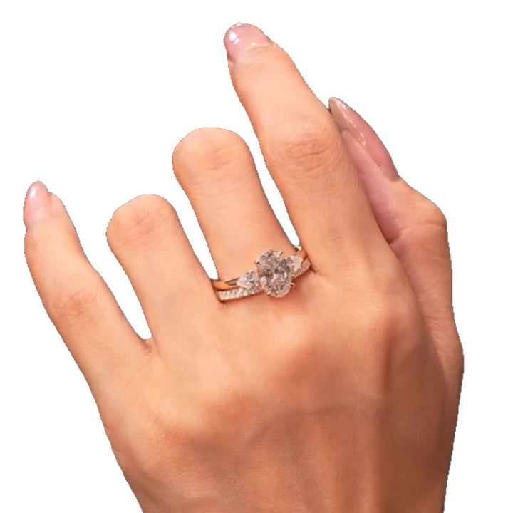 Oval Diamond Gold Open Wrap Bridal Ring Set, Curved Teardrop Accent Stackable Duo