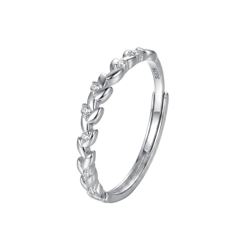 S925 Olive Leaf Stackable Ring, Adjustable Tiny diamond Band Ring for Women