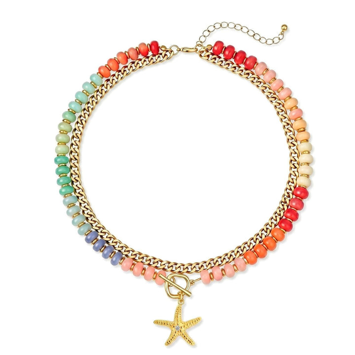 Dual Strand Gradient Rainbow Bead Choker, Starfish & Sunburst Heart Summer Vacation Layered Beach Necklace
