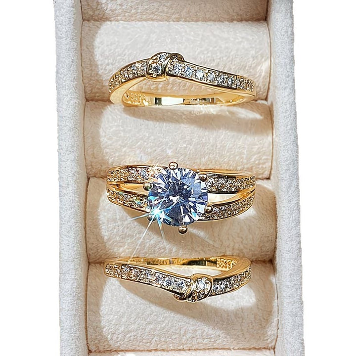Round‑Cut Diamond 3‑Piece Ring Set, Multi‑Row Pave Accent Stackable Engagement Wedding Ring