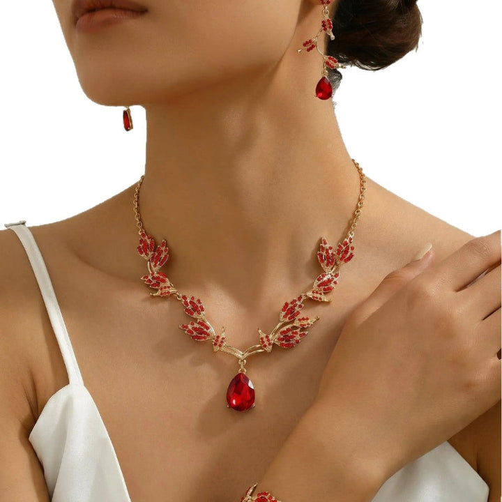 Leaf Teardrop DiamondsJewelry Set, 4-Piece Wedding Party Necklace Earrings Bracelet Kit