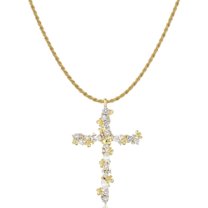 S925 &amp; 14K Floral Cross Diamond Rope Chain Necklace, Perfect Gift Choice For Women