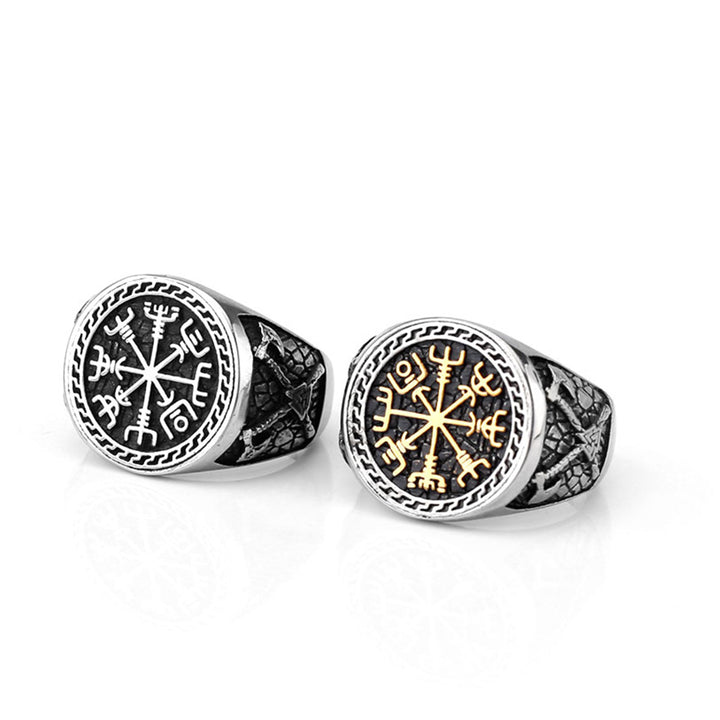 Vintage Viking Symbol Signet Ring, Norse Compass Pattern Statement Ring for Men Biker Jewelry