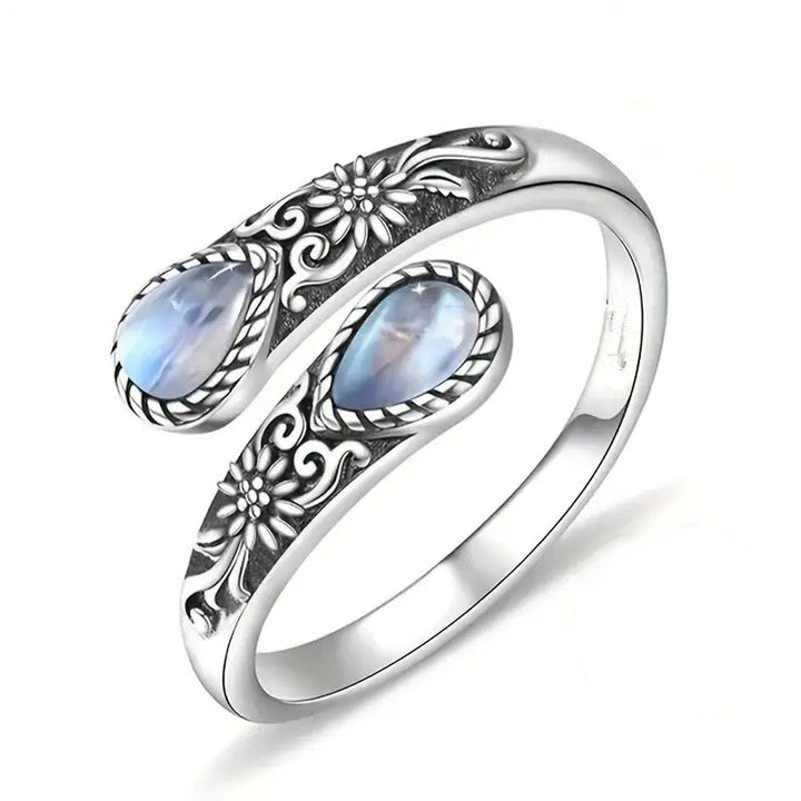 Vintage Flower Open Adjustable Teardrop Gemstone Ring