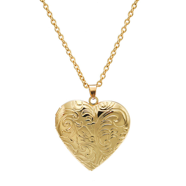 Vintage Floral Engraved Photo Locket Necklace, Stylish Patterned Collarbone Necklace