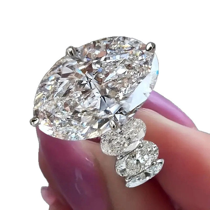 4 Prong Large Oval Diamond Double Cluster Side Stone Silver Engagement Statement Ring