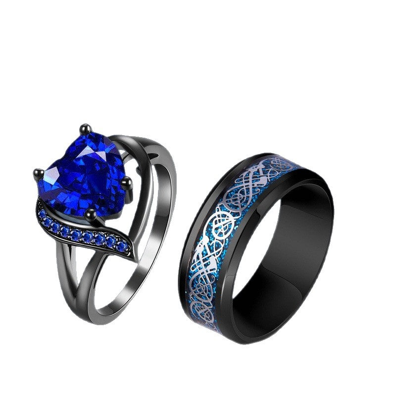 Black Tungsten Galaxy Inlay & Heart Gem Ring Collection, Gothic Promise Wedding Band Sets