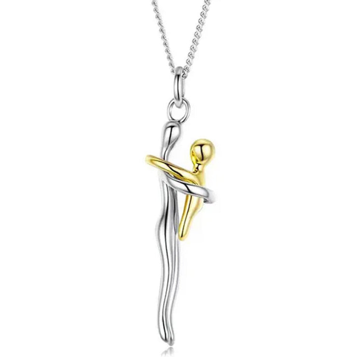 Two-Tone Silver Gold Mother and Child Embracing Necklace, Minimalist Abstract Embrace Sentimental Collarbone Jewelry
