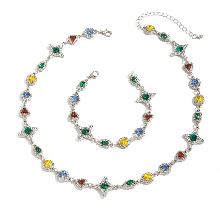 New Men's Colored Gemstone Cross Necklace and Bracelet, Colorful Gem & Diamond Star Link Jewelry Set