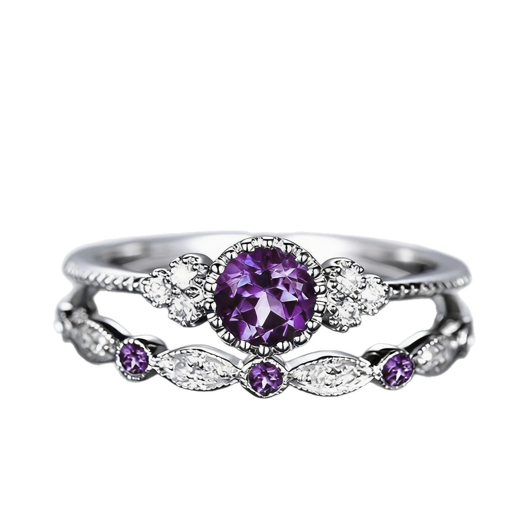 Round Cut Gemstone Halo Ring Set, Vintage Stackable Matching Wedding Bands for Women