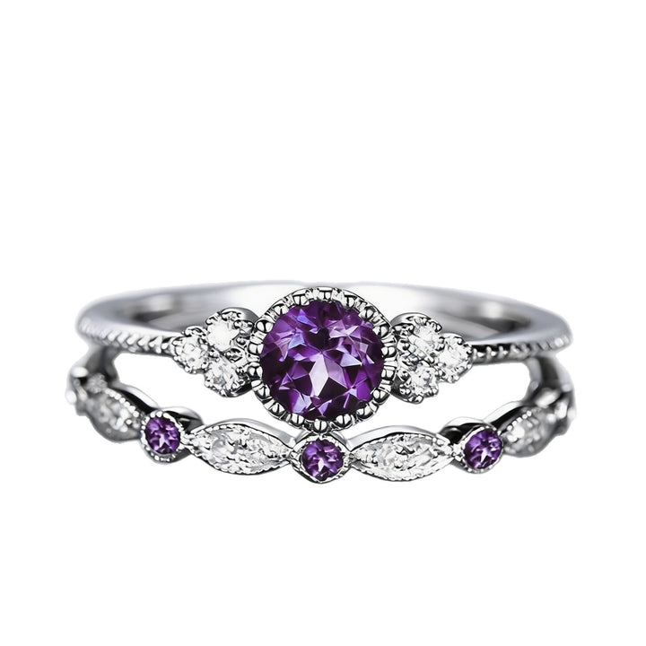 Round Cut Gemstone Halo Ring Set, Vintage Stackable Matching Wedding Bands for Women
